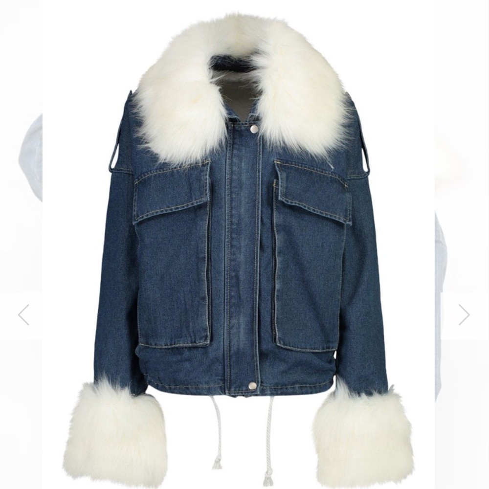 Boohoo Tall Faux Fur Collar & Cuff Denim Coat Indigo Blue Y2K
